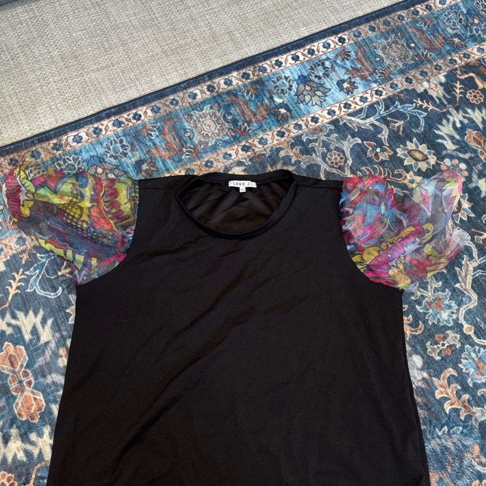 Black Top with Multicolor Sheer Sleeves